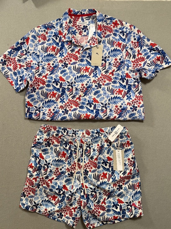 Tommy Bahama Other - Tommy Bahama Set 100% Silk Shirt Swim Trunks Floral Red White Blue Hawaiian L/XL